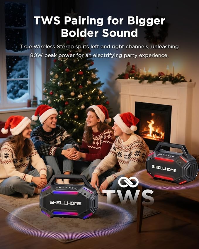 Bluetooth 6.0 Speakers Outdoor, 80W(Peak) Loud Speaker with Bass, 30H Playtime, IPX6 Waterproof, RGB Lights, BassUp 2.0, TWS, Portable Large Jobsite Speakers for Party, Garage