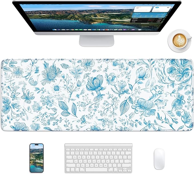 Floral Mouse Pad, 31.5 x 11.8 Large Desk Mat with Stitched Edges & Non-Slip Base, Mousepad for Office, Home, Work, Elegant Flower