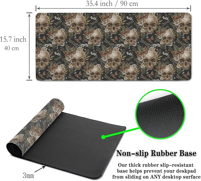 Large Mouse Pad Laptop Deskmat Computer Mats Desk Mats for Men Gaming Mouse Pad Long Desk Pad Waterproof Non-Slip Rubber Base 35.4 X 15.7 for Game Office, Vintage Floral Skull