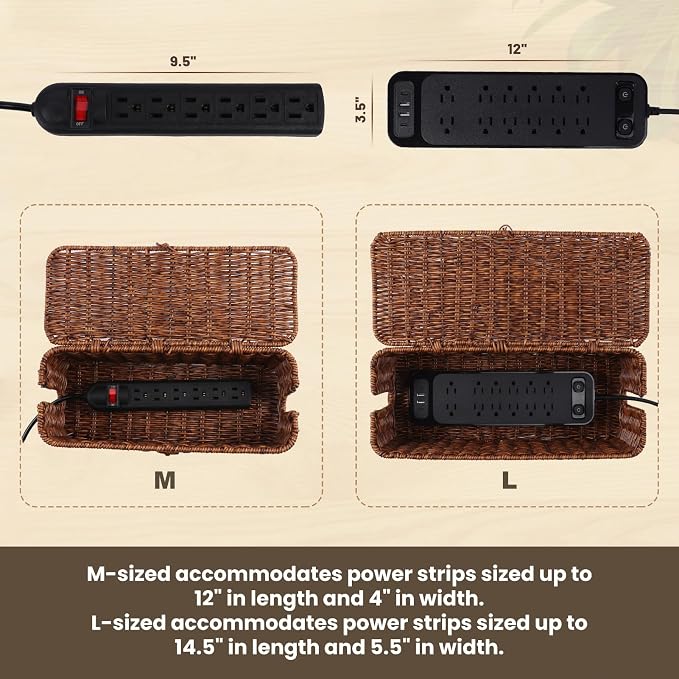 BROWNLILY Rattan Wire Storage Box, Handmade Cord Organizer for Desk Cord Hider Outlet Covers Baby Proofing for Power Strip TV PC Router Charger Under Desk Cable Management Box - Image 4
