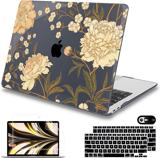 Mektron Case for MacBook Air 13 inch M1 A2337 A2179 A1932,Hard Cover 2018-2021 Air 13-inch with Touch ID, Exclusively Designed Protective Shell with Keyboard Skin+Screen Protector, Peony Flowers C186