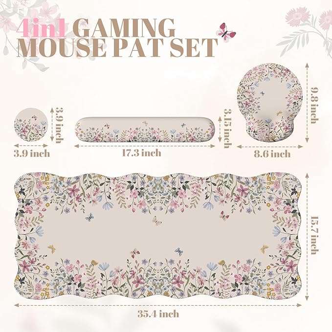 iCasso Desk Mat Set,Large Mouse Pad with Wrist Rest,Ergonomic Keyboard Wrist Support for Women,Girly Floral Computer Mat with Scalloped Edges,Non-Slip Desk Pad Home Office Gaming (Beige)