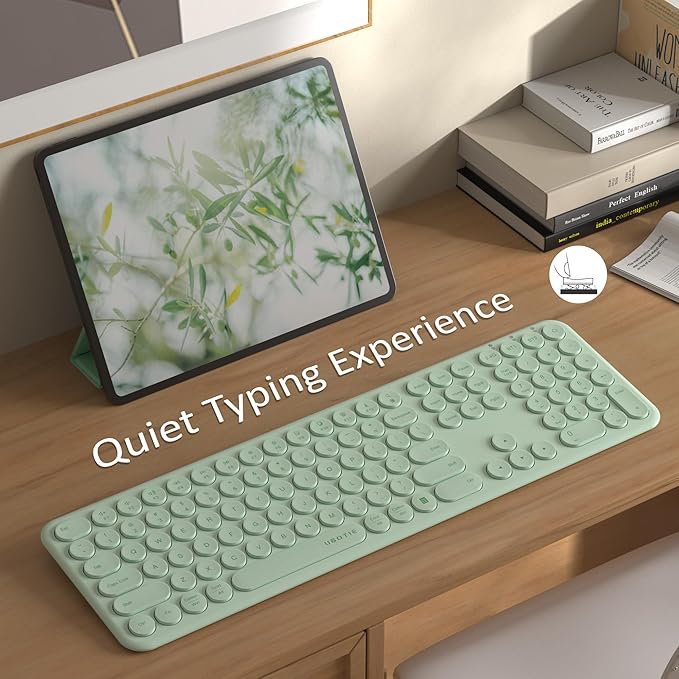 UBOTIE Wireless Green Keyboard, Bluetooth 2.4GHz Dural Mode Connection Scissor Switches Slim Quiet Round Keycaps Full Size Office Computer Keyboards for PC MAC Smart Phones