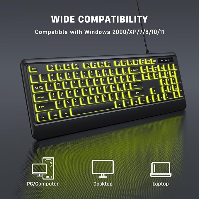 Backlit Computer Keyboards, Wired USB LED Keyboard with 7 Colors Backlight, Plug and Play, Waterproof, Full Size Quiet Computer Keyboard for Windows Desktop, PC, Laptop, Gaming