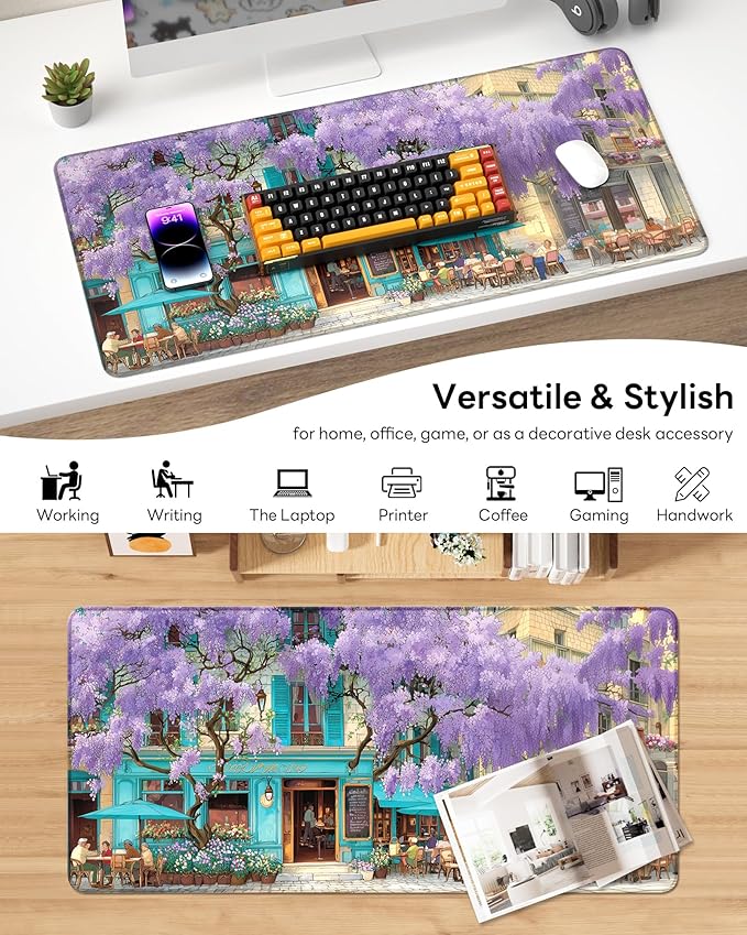 XL Gaming Mouse Pad, 31.5x15.7'' Large Desk Mat with Anti-Slip Rubber Base & Stitched Edges for Gaming, Office, Home - Wisteria Cafe