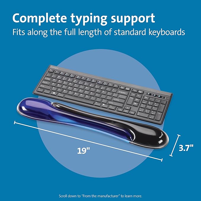 Kensington Duo Gel Wrist Rest for Keyboard, Wrist Pad for Keyboard, Ergonomic Keyboard Wrist Pad, Computer Keyboard Pad with Wrist Support, Cooling Gel, Non-Skid Backing, Blue K62397AM, 19" x3.7