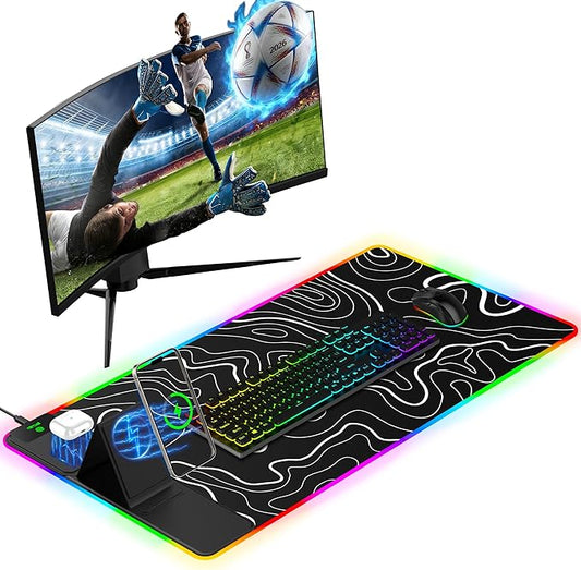 Mouse Pad with Adjustable Phone Stand Dual Wireless Charger, 15W Fast Charging Desk Mat, Extra Large 31.5x15.75 Waterproof Desk Pad for iPhone Samsung Air-Pods, Gaming Mousepad w/ 11&4 RGB