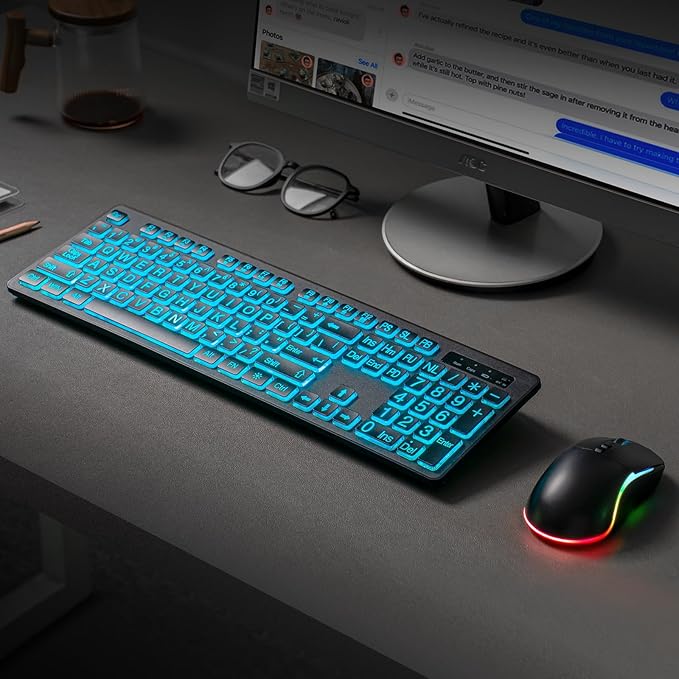 Backlit Large Print Wireless Keyboard and Mouse Combo, 2.4G Full Size Keyboards with Light Up Large Keys, Oversize Letters Keys Easy to See and Type, Quiet Keyboard Mouse for Windows, Laptop, PC