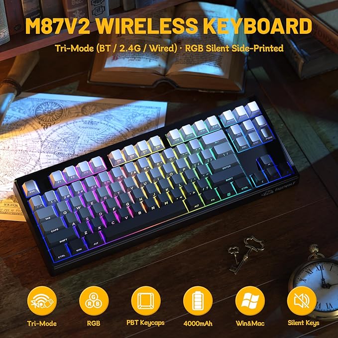 M87V2 Wireless Keyboard,Low Profile Quiet Typing Membrane Gaming Keyboard with 80% TKL Layout Side Printed Keys,RGB Backlit,USB C Rechargeable,87 Keys PBT Keycap for Windows PC,Mac,Linux-Moonlit Night