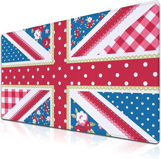 Union Jack Gaming XXL Mouse Pads British Flag Mouse Pad Shabby Chic Floral Style Mousepads Non-Slip Rubber Base Waterproof with Stitched Edges, 35.4" X 15.7" for Work/Game/Office/Home