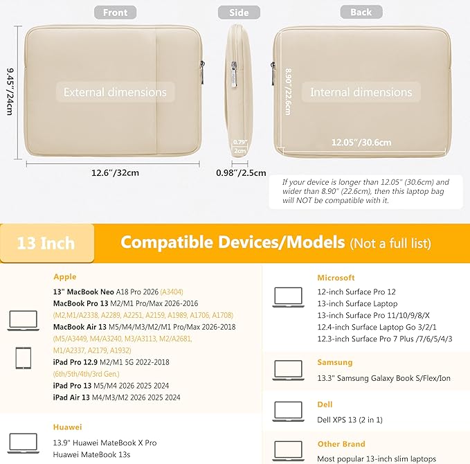 HYZUO 13 Inch Laptop Sleeve Bag Set for MacBook Air 13 M5/M4/M3/M2/M1 A3449 2026-2018, 13" MacBook Neo 2026 A3404, MacBook Pro 13 M2/M1 2026-2016, iPad Pro/Air 13, XPS 13, Surface Pro, Sand