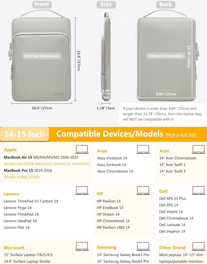 HYZUO 14-15 Inch Laptop Bag Sleeve for MacBook Air 15 M5 A3448 M4 M3 M2 2026-2023, MacBook Pro 15, XPS 14/15 Plus, 15" Surface Laptop, Notebook Case for 14" Dell HP Lenovo Asus Acer, Light Gray