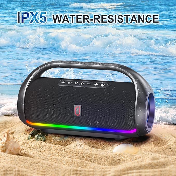 Bluetooth Speaker, IPX5 Waterproof Portable Bluetooth Speaker with Powerful Bass & LED Lights, BT5.3, Wireless Stereo Pairing for Home Party, Beach, Outdoor Camping, Support USB/TF Card/AUX/TWS