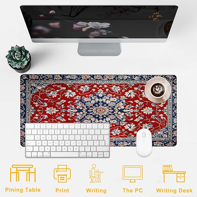 Desk Pad Boho Floral Desk Mat for Keyboard and Mouse, Large XXL Gaming Mouse Pad with Stitched Edges for Work Game Office, 35.43 x 15.75 in