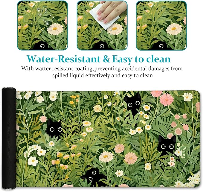 Anime Cat Mouse Pad Green Desk Mat, XL Gaming Mouse Pad with Stitched Edges Non-Slip, Large Keyboard Mat for Desktop Computer Laptop Work Home Cute Office Desk Accessories 31.5x11.8 in