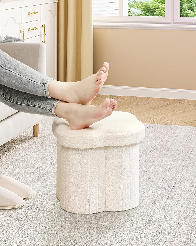 B FSOBEIIALEO Storage Ottoman Cube, Flowers Shaped Ottomans with Storage Foot Stool Footrest for Lving Room, Boucle Ottoman Seat for Dorm Room,Faux Teddy Fur,White 12.6"x12.6"x12.6"