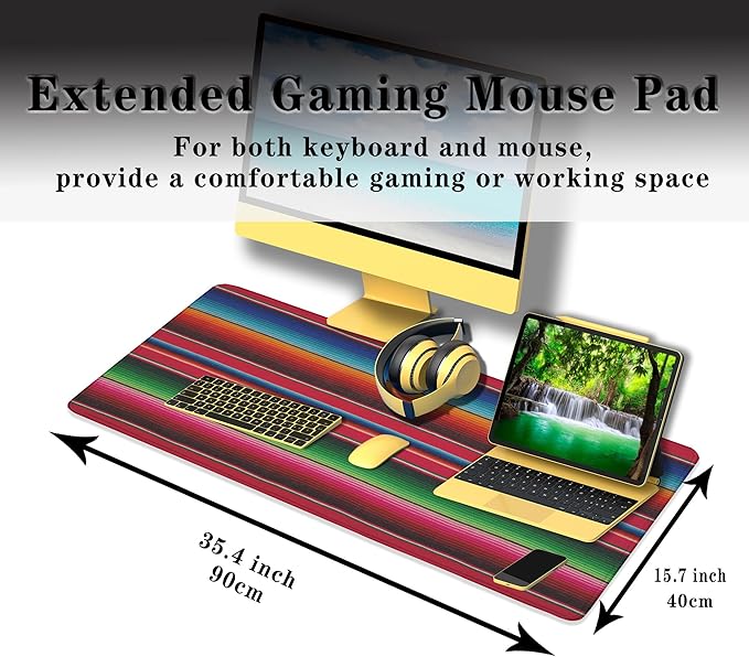 Desktop Mat Colorful, Desk Mouse Pad Gaming Desk Mats, Office Items Non-Slip Rubber Base Waterproof with Stitched Edges, 35.4 X 15.7 inch for Work/Game/Office/Home Mexican Stripes Style