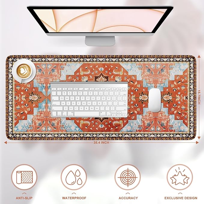 iLeadon Rug Desk Mouse Pad,Orange XXL Gaming Mouse Pad for Desk,Computer Desktop Protector Mat with Stitched Edges,Extended Keyboard Mousepad for Women Office,Home