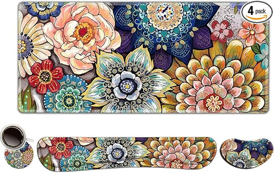 ToLuLu Extended Gaming Mouse Pad, Memory Foam Ergonomic Keyboard Mouse Wrist Rest Support Set, Large Desk Mat with Stitched Edges, Non-Slip Base Mousepad for Home Office Game, Colorful Flower