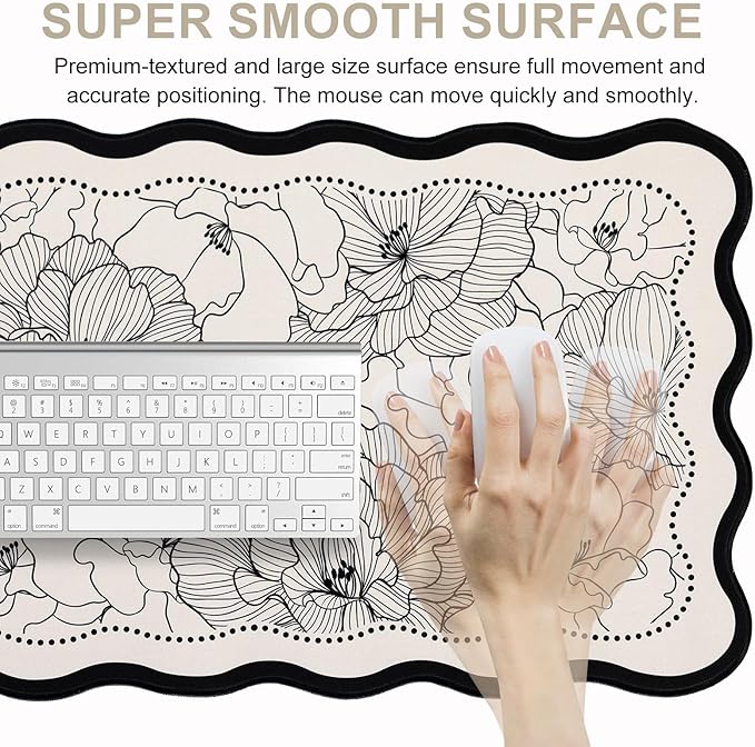 L-SPOUTTO Vintage Floral Mouse Pad,Aesthetic Scalloped Desk Mat XXL Large Gaming Mousepad,35.4x15.7in Non-Slip Keyboard Pad Waterproof Desktop Mat for Laptop Computer Work Game Home Office-Peony Beige