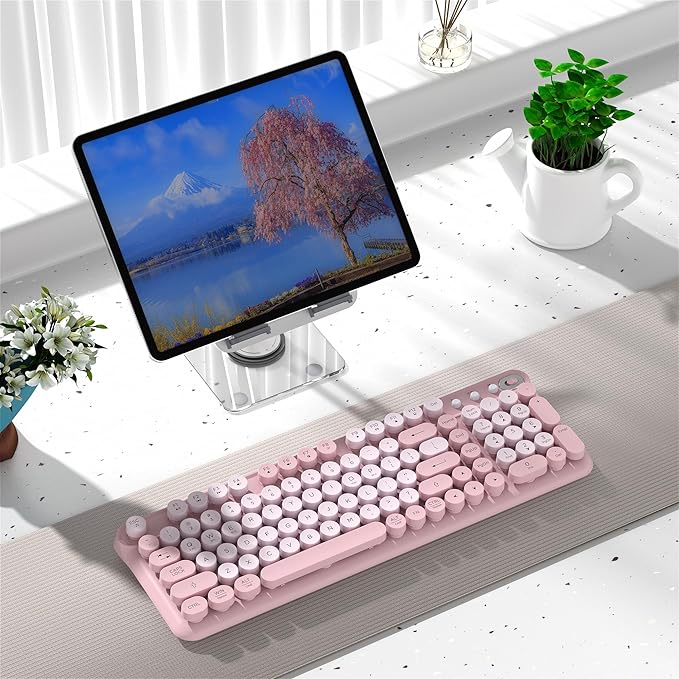 Wireless Bluetooth Keyboard - Full Size Retro Round Typewriter Style Wireless Keyboard with 2.4GHz & Bluetooth Dual-Mode Compatibility for PC, Laptop, Windows, Mac, and More (Pink)