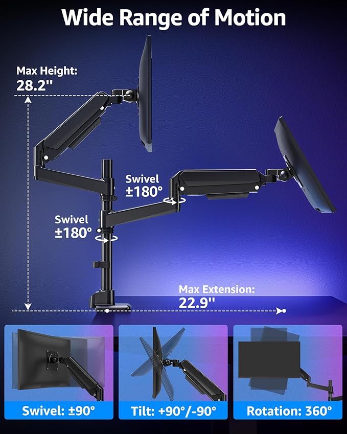 MOUNTUP Dual Monitor Stand Fits 49 45 42 40 39 34 32 Inch Screens, Heavy Duty Dual Monitor Arm Holds 7.7-44 lbs, Vertical Stacked Monitors Mount, Full Motion, Height Adjustable, VESA Mount