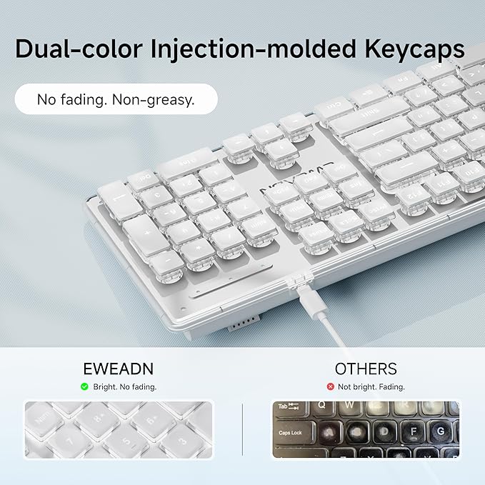 EWEADN X7S Wireless Keyboard with White Backlit, Metal Panel, 2.4G Rechargeable Computer Keyboard Silent Light up Full Size Cute Keyboards for Win & MAC - White
