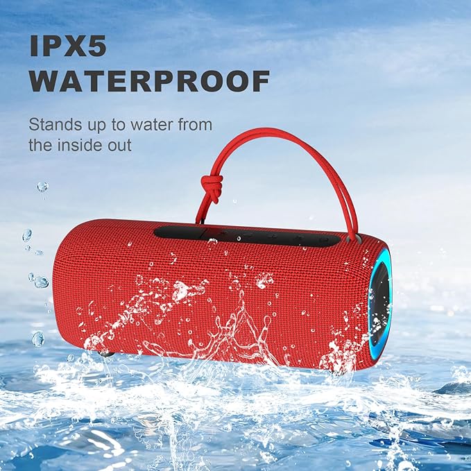 Bluetooth Speaker, Portable Wireless Clear Loud Stereo Sound IPX5 Waterproof with RGB Lights BT5.3 Long Playtime TWS Pairing,for Home Party Outdoor Beach,Great Gift Choice (Red)