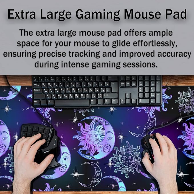 Gaming Mouse Pad Purple Desktop Mat Extra Large Mouse Pads Computer Desk Mat Pc Gaming Mat Waterproof Non-Slip Rubber Base 35.4" X 15.7" for Game Office, Magical Sun and Moon Stars