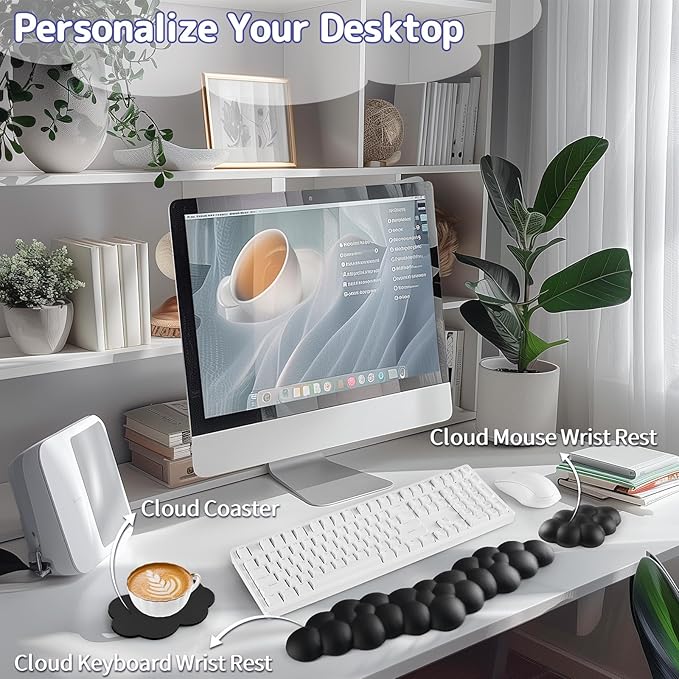 Sushret Cloud Wrist Rest for Keyboard and Mouse, Memory Foam PU Leather Keyboard Wrist Rest with Ergonomic Support, Non-Slip Base, Cute Arm Rest Pad & Palm Cushion, Office Desk Accessory, Black