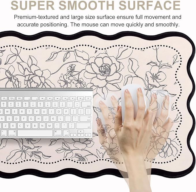 L-SPOUTTO Vintage Floral Mouse Pad,Aesthetic Scalloped Desk Mat XXL Large Gaming Mousepad,35.4x15.7in Non-Slip Keyboard Pad Waterproof Desktop Mat for Laptop Computer Work Game Home Office- Beige