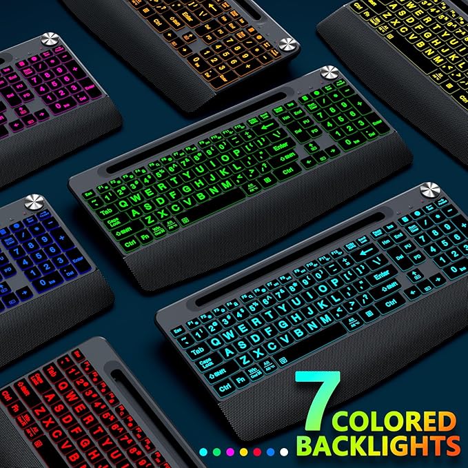 Large Print Backlit Wireless Keyboard with Wrist Rest-Low-Profile,Phone/Tablet Holder,Rechargeable with Light Up Keyboard,Ergonomic Quiet Computer Keyboard for Desktop,Laptop, PC, Mac-Grey
