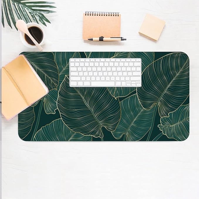 Desk Mat Large Protector Pad 27.5" ×13.8", Non-Slip PU Leather Desk Blotter, Waterproof Mouse Pad for Office Home Palm Leaves