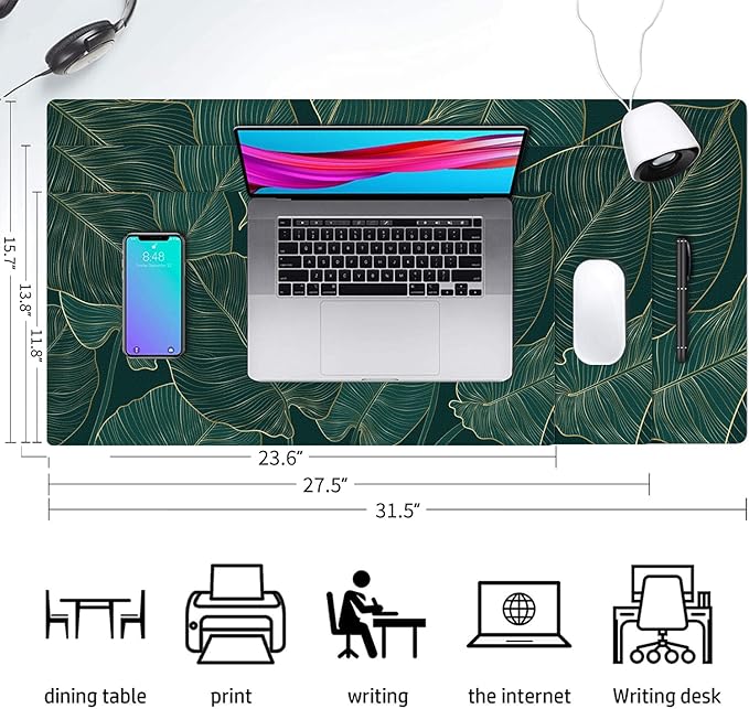 Desk Mat Large Protector Pad 23.6" ×11.8", Non-Slip PU Leather Desk Blotter, Waterproof Mouse Pad for Office Home Palm Leaves