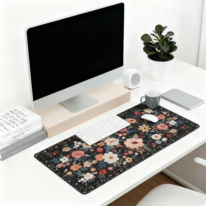 Floral XXL Large Mouse Pad with Stitched Edges, Anti-Slip Desk Mat for Keyboard and Mouse - Colorful Flower Pattern Office Decor, Home Computer Desk Pad Mat for Women, Ideal Desk Accessory