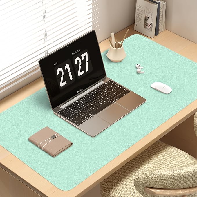 Bleswin Multifunctional Large Desk Mat, Double Sided Computer Desk pad, Extended Mouse Mat, Office Desk Protector with Waterproof PU Leather, 35.4''×16.9'', Office Home Writing Pad (Lake Green+Blue)