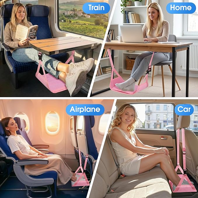 ExploreBliss Airplane Foot Rest - Lightweight Foot Hammock for Plane Travel with Adjustable Strap & Thick Board, Tray Table Under Desk Footrest to Relax Feet, Travel Essentials for Long Flights(Pink)