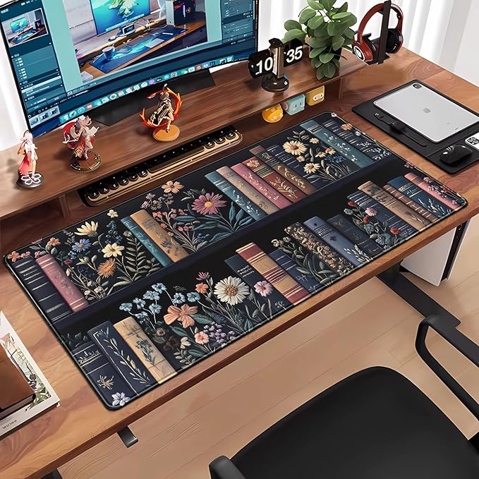 Bookish Desk Mat Floral Bookshelf Desk Pad Faux Embroidery Large Mouse Pad XXL Extended Mousepad Flower Aesthetic Keyboard Pad Mouse Mat 31.5''X15.7''in Book Lovers Gift Office Decor for Women
