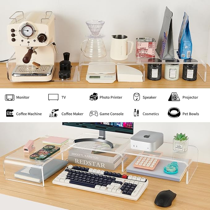 LEKETREE Acrylic Monitor Stand , Clear Monitor Stand for Desk, Computer Accessories for Home Office, Desk Organizer Shelf for Laptop, PC, Multi Media and more