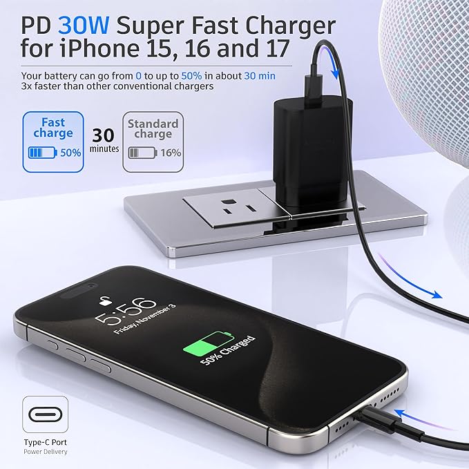 TT&C USB C Block 30W PD Super Fast Charger Type C Plug Cube Wall Adapter Power Brick Compatible with iPhone 17, 17e, 17 Pro Max, 16, 16e, 15, 14, 13, 12, iPad, mini, Galaxy S25, S24 (Black 1Pack)