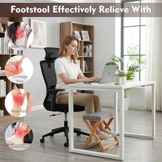 Double Step Footrest Under Desk,6 Adjustable Heights with Adjustment Knob,Adjustable lErgonomic Foot Stool Under Desk for Home &Office,Cushioned Top &Non-Slip Surface,Excellent Bamboo Wood