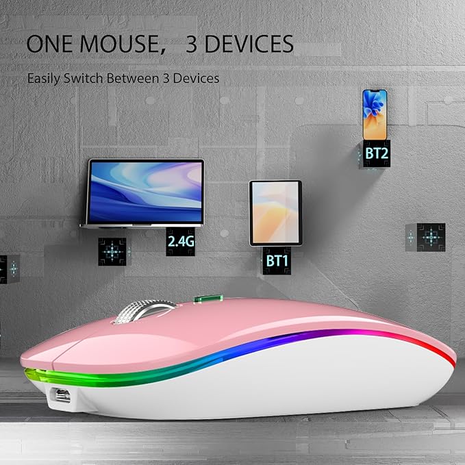 TENMOS Wireless Bluetooth Mouse, LED Slim (Bluetooth 5.1 + USB) 2.4GHz Rechargeable Silent Bluetooth Wireless Mouse with Type C Adapter for Laptop/MacBook/iPad OS 13 and Above (Pink)