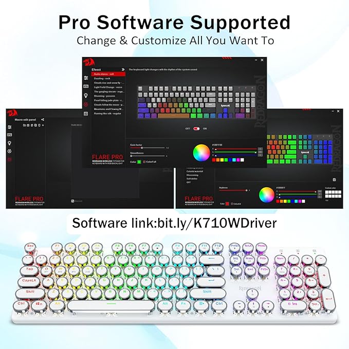 Redragon K710 Wireless Typewriter Mechanical Gaming Keyboard, Bluetooth/2.4Ghz/Wired, RGB LED Backlit, Blue Switch - Clicky, Rechargeable, Solid Metal Panel, Round Keycaps, White