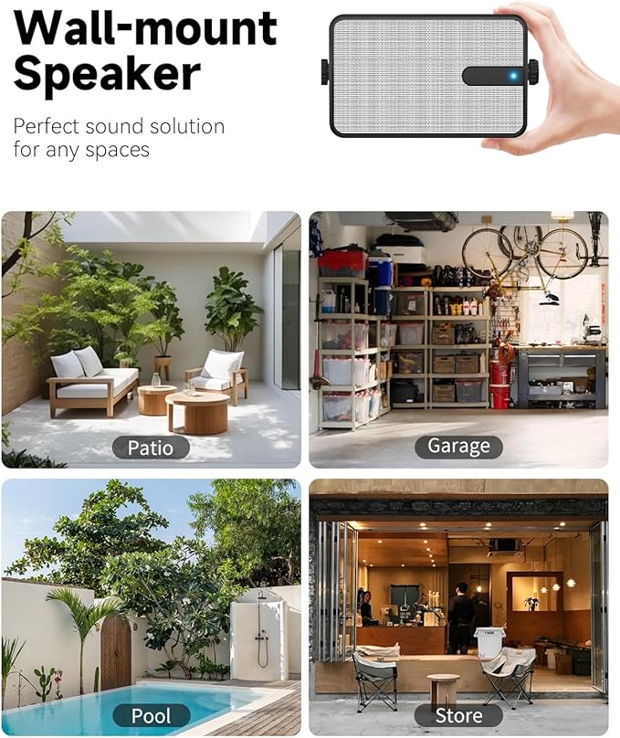 250W Outdoor Bluetooth Speakers, Wireless Sync Between Speakers, Powerful Bass, Wall Mount for Patio, Porch, Gazebo, Garage, 2-Pack, White(MZ-632)