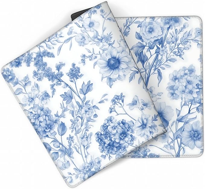 Floral Aesthetic Dahlia Gaming Mouse Pad, White Blue Chinoiserie Desk Mat with Anti-Slip Base & Stitched Edges,35.4" x 15.7" in Table Mat for Computer Desktop, Beautiful Workstation Decor