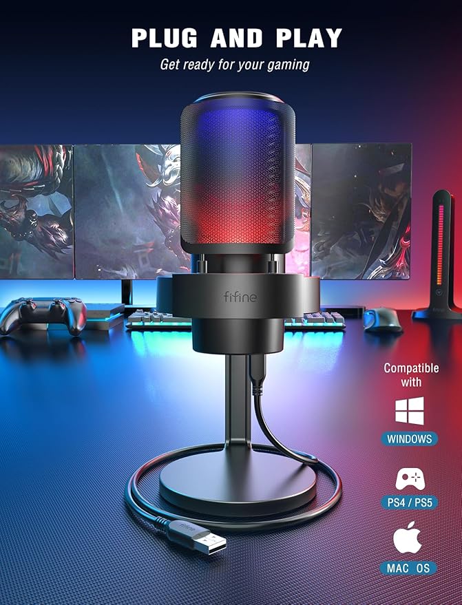 FIFINE Gaming Microphone, USB PC Mic for Streaming, Podcasts, Recording, Condenser Computer Desktop Mic on Mac, with RGB Control, Mute Touch, Headphone Jack, Pop Filter, Stand-AmpliGame A8