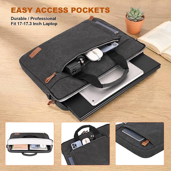 ESTARER Laptop Bag 17-17.3 Inch, Computer Bags for Men Water-resistant Canvas Laptop Case Slim Laptop Sleeve Fits Hp/Dell/Asus/Lenovo/Acer, Dark Grey
