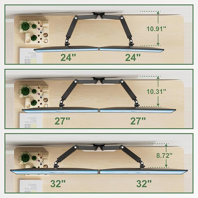 UPGRAVITY Dual Monitor Wall Mount, Double Monitor Wall Stand for Two 17-32 inch Flat Computer Screens, Height Adjustable Gas Spring Mounted Bracket Arms Hold up to 17.6lbs, VESA 75/100