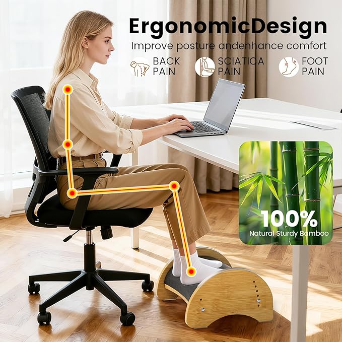 Bamboo Under Desk Footrest with Cushion - 6-Level Adjustable Ergonomic Wooden Foot Rest for Office & Home - Reversible Rocking Footstool for Short Legs, Back & Lumbar Pain Relief - Non-Slip