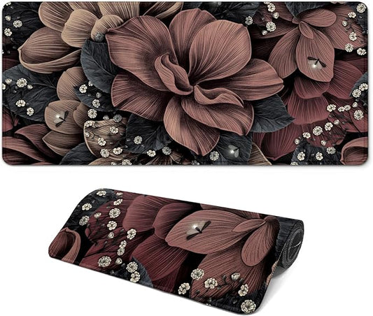 Gaming Mouse Pad, Large 31.5 x 11.8 inches Mousepad, Long Keyboard Pad, Cute Mouse Mat for Computer with Stitched Edges and Non-Slip Base (Brown Flowers)